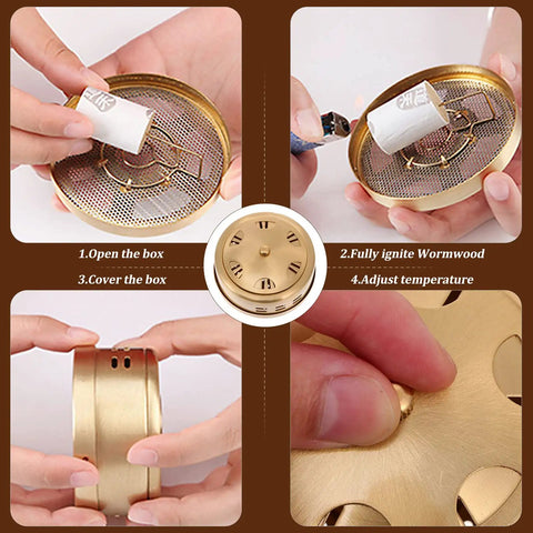 Copper Moxa Box Holder For Moxibustion Heat Therapy with instructions for use, showcasing stick placement and handle adjustment.