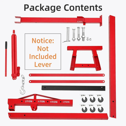 Heavy Duty 2 Ton Hydraulic Engine Hoist With Telescopic Boom And Six Smooth Roll Casters 4400 Pound parts laid out, showing package contents.