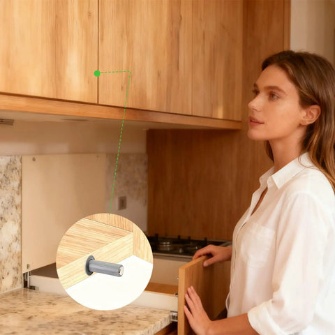 10 Pack Magnetic Push Latches For Cabinet Doors And Drawers Featuring Quiet Soft Close Action In Matte Gray Tone With Heavy Duty Spring Plunger Mechanism Working Like A Charm Daily, close-up view of latch in kitchen.