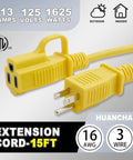 Indoor Outdoor Extension Cord 15 Feet Waterproof All Weather 16 AWG 3 Conductor Flexible Cold Resistant 13A SJTW
