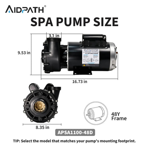 Top Shelf 1.5 Horsepower Hot Tub Spa Pump With Nema 48 Frame Motor dimensions, showing 16.73 in length and 9.53 in height.