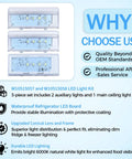 Image of 3 Pack Refrigerator LED Light Set with Tapered Lens for Fridge and Freezer Includes Two Secondary Lights and One Main Ceiling Light Replaces WPW10515057 WPW10515058 AP6022533 AP6022534 PS11755866 Compatible with Whirlpool Kenmore Maytag KitchenAid showing product features.