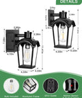 Two Pack Porch Lights With GFCI Outlet, Dusk To Dawn Outdoor Wall Lights, Waterproof Anti Rust Exterior Fixtures shown with dimensions.