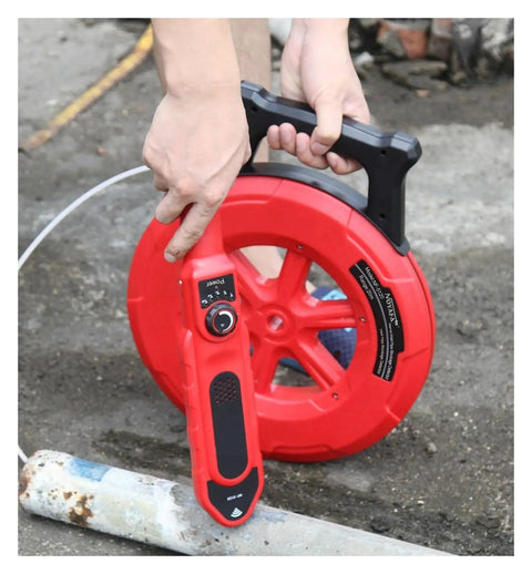 Bullseye Accuracy Heavy Duty Stud Finder And Wall Scanner For Metal Pipes PVC Plumbing Blockages with red handheld device and measuring reel.