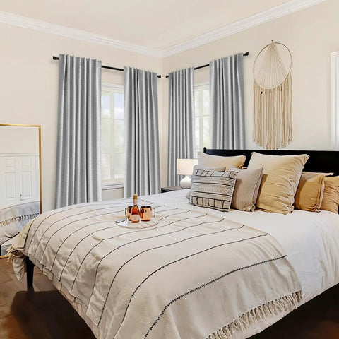 Light Grey 100 Percent Blackout Curtains, 2 Panels Set, 72 Inches Long by 52 Inches Wide Per Panel, in bedroom setting.