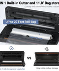 Powerful 90KPa 8-in-1 Food Vacuum Sealer with built-in cutter and roll storage, highlighting bag storage feature.