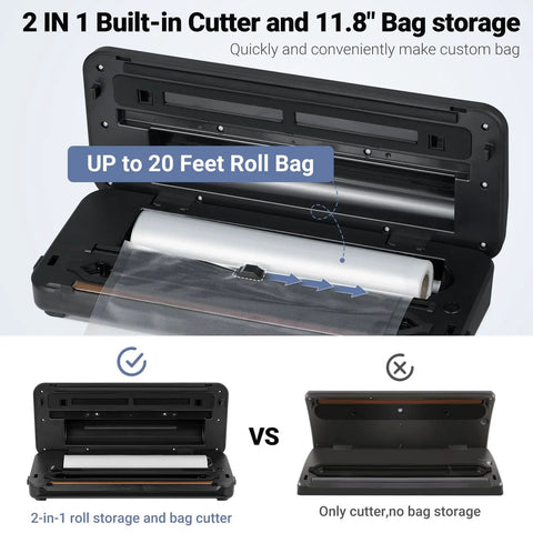 Powerful 90KPa 8-in-1 Food Vacuum Sealer with built-in cutter and roll storage, highlighting bag storage feature.