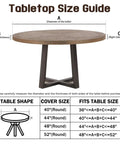 Table size guide showing dimensions for round tables and cover sizes.