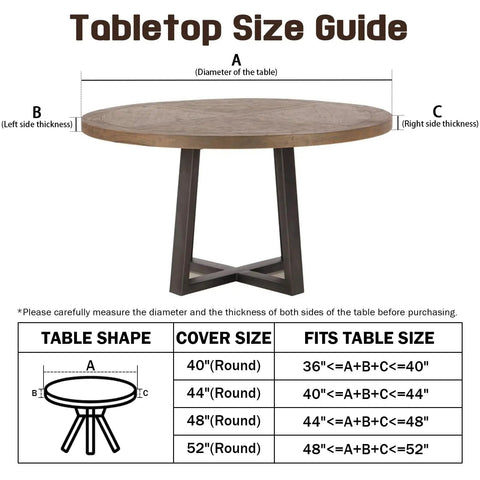 Table size guide showing dimensions for round tables and cover sizes.