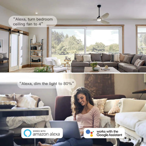 Living room setup with Smart Ceiling Fan Controller And Dimmer Light Switch 2 Pack No Fuss Setup Requires Neutral Wire 2.4GHz Wi Fi Single Pole Works With Alexa Google Home And SmartThings Remote Control.