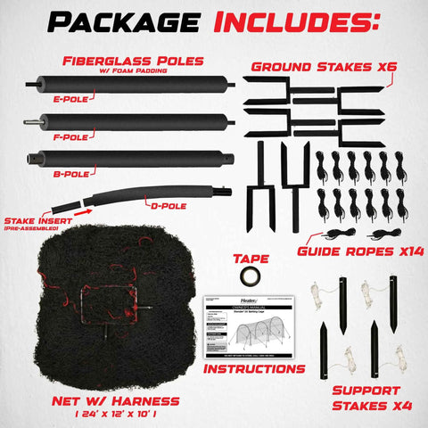 Package contents of Xtender 24 Ft Baseball and Softball Batting Cage with fiberglass poles and polyester netting