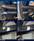 Before and after using Gloss Black Rim Touch Up Paint Kit for Wheels Rim Paint Pen to Fix Curb Rash and Scratches Universal Enamel
