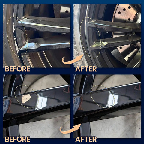 Before and after using Gloss Black Rim Touch Up Paint Kit for Wheels Rim Paint Pen to Fix Curb Rash and Scratches Universal Enamel