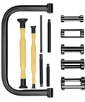 12 Piece Valve Spring Compressor Set With Pusher Adapters, Extension Rods, And C Clamp Lever laid out