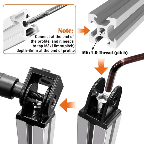 4 Pack 2020 Series Aluminum Extrusion Profile Connectors With 180 Degree Adjustable Pivot Brackets And Handles M6 X 1.0 Screws Nuts And Tap Bits For 6mm T Slot And 20 By 20 Aluminum Rails Black, shown with tap and end-thread connection