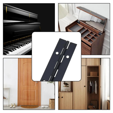 Durable Bulletproof Heavy Duty Black Piano Hinges Full Length Cabinet Door Hardware close-up, ideal for RV and furniture projects.