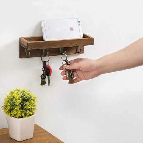 Super Sleek 10 Inch Brown Wood Wall Mount Floating Shelf With Four Antique Metal Key Hooks Straight Up Perfect Entryway Organizer For Mail Keys Coats And Phone Gear No Sweat Setup Totally Chic Home Decor