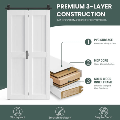 60 By 84 Inch Bifold Barn Door Kit With H Shape Hardware For Tight Squeezes, showing premium 3-layer construction with MDF and PVC.