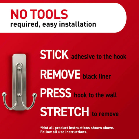 Satin brass double hook with adhesive strips; text instructions for installation, highlighting damage-free wall hanging, no tools needed.