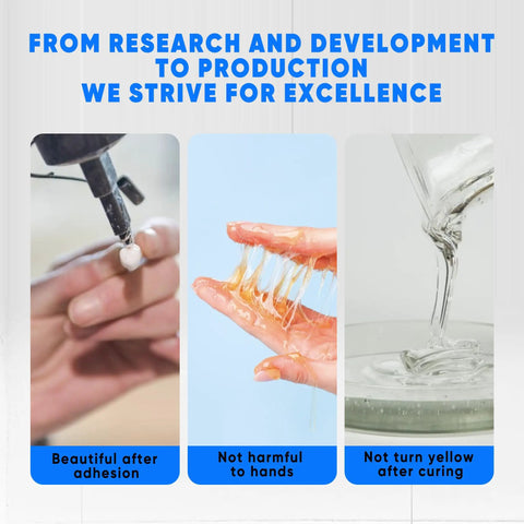 Three panels showing epoxy glue application, adhesion, and clarity; suitable for plastic, metal, ceramics, wood, fast setting.