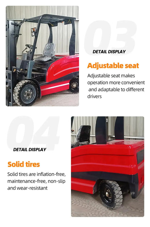 Heavy Duty Electric Forklift Built Like A Tank With Thickened Forged Tines And Hella Responsive Hydraulic Controls Offering Wide View Mast with adjustable seat and solid tires.