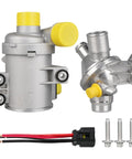 Heavy Duty Electric Engine Water Pump With Aluminum Thermostat For BMW Models, featuring electric pump, thermostat, and connectors.