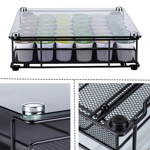 Space Saving K Cup Drawer Organizer With Glass Top Holds 42 Coffee Pods, Keeps Capsules Neatly Stored And Accessible, Fits Under Your Coffee Maker To Free Counter Space For Home Office Or Kitchen, black metal and glass design.