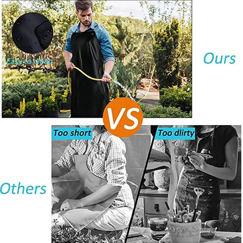 Comparison of waterproof rubber vinyl long work apron and traditional aprons outdoors, highlighting durability and coverage benefits.