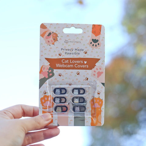 Slick Little Webcam Cover Slide For Laptops And Macbooks Featuring Adorable Cat Vibes privacy covers in packaging.