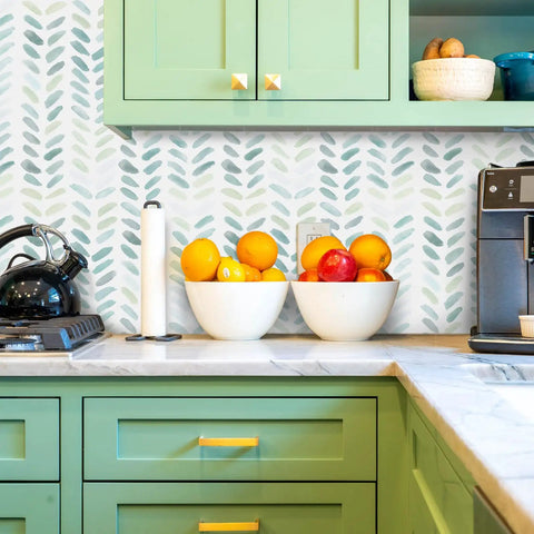 Green and White Peel and Stick Wallpaper Boho Herringbone Contact Paper for cabinets and walls in a colorful kitchen setting.