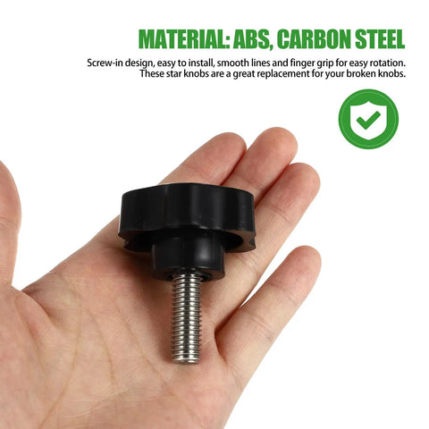 Four Pack Top Shelf M10X25MM Star Clamping Knobs With 38Mm Plastic Handles For Industrial Machinery And Tooling Applications Featuring No Sweat Quick Adjustments And Pro Grade Sweet Grip Design For Shop Ready Projects held in hand showing ABS and carbon steel materials.