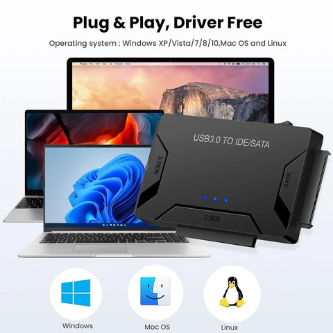 3 In 1 Universal Hard Drive Adapter For 2.5 And 3.5 Inch SATA IDE HDD SSD To USB 3.0 Reader, shown with laptop and OS icons