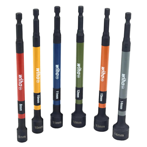 Magnetic Nut Setter Set Six Piece Metric Color Coded For Quick Size Identification On A One Quarter Inch Hex Drive With Seven Hundred Inch Pounds Impact Rating