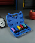 Awesome Grip Heavy Duty Wheel Lug Nut Impact Socket Set With Protective Rim Sleeves And Thin Wall 15 To 22 Mm Drive Tools For Electric Or Pneumatic Use To Keep Your Rims Scratch Free And Look Fresh blue case with color-coded sockets