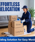 Heavy Duty Furniture Sliders For Moving Appliances Includes Reinforced Pull Straps And Protective Work Gloves For A Smooth Glide Across Any Hardwood Or Carpet. A woman kneels beside labeled cardboard boxes.