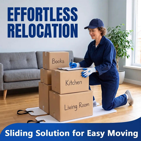 Heavy Duty Furniture Sliders For Moving Appliances Includes Reinforced Pull Straps And Protective Work Gloves For A Smooth Glide Across Any Hardwood Or Carpet. A woman kneels beside labeled cardboard boxes.