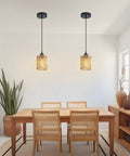 Straight Up Chic Boho Lighting Vibe For Your Sweet Space Featuring This Super Bright 3 Pack Woven Rattan Pendant Fixture with Round Shades in Dining Area