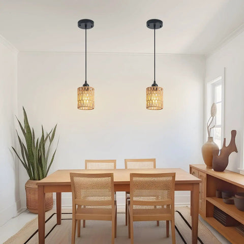 Straight Up Chic Boho Lighting Vibe For Your Sweet Space Featuring This Super Bright 3 Pack Woven Rattan Pendant Fixture with Round Shades in Dining Area
