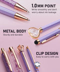 Purple Crystal Diamond Pens Set 8 Metal Pens in Different Styles with Black and Blue Ink for Journaling and Office Use