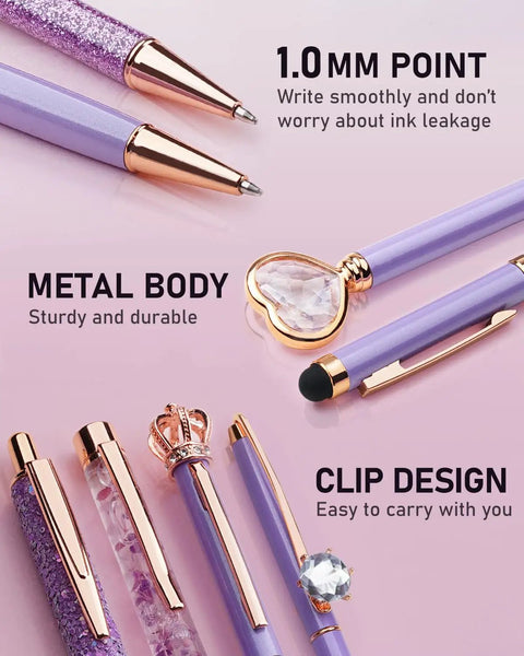 Purple Crystal Diamond Pens Set 8 Metal Pens in Different Styles with Black and Blue Ink for Journaling and Office Use