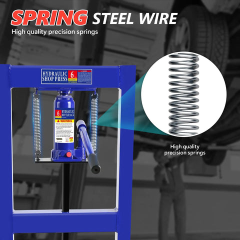 Close-up of Six Ton H Frame Hydraulic Shop Press for Home Garage, showing spring component for precision work.