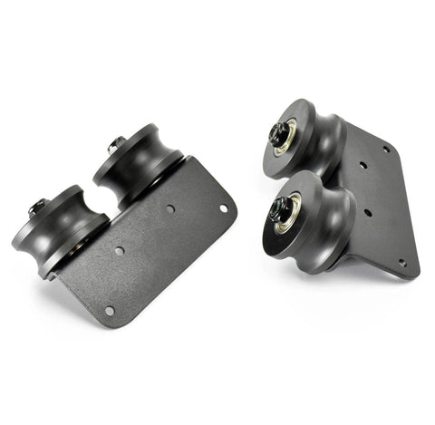 Top rollers close-up for 16Ft Rolling Ladder Hardware Sliding Rail Kit With Top Rollers And Braked Floor Wheels Full Metal Black Set
