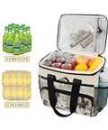 Open Desert Cowboy Style Go To Insulated Lunch Bag With Shoulder Strap 15L showcasing drink cans, fruit, and snacks inside.
