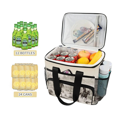 Open Desert Cowboy Style Go To Insulated Lunch Bag With Shoulder Strap 15L showcasing drink cans, fruit, and snacks inside.