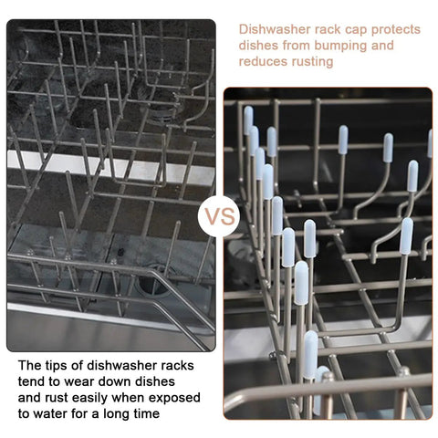 Comparison of dishwasher racks with and without 100 Pcs Universal Silicone Dishwasher Rack Tine End Caps Round Tip Caps For Wire Prongs Tine Repair Kit Anti Slip White 1 Inch Moldable Shelf Protector Covers For Dishwasher Racks And Baskets