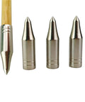 Glue On 80 Grain Arrow Points Set For 8mm Arrows, 30 Pack Field Points, shown with bamboo shaft, silver color, side view.