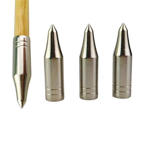 Glue On 80 Grain Arrow Points Set For 8mm Arrows, 30 Pack Field Points, shown with bamboo shaft, silver color, side view.