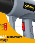 Close-up of Powerful Dual Temperature Heat Gun with 572°F and 1112°F settings and control switch on side handle.