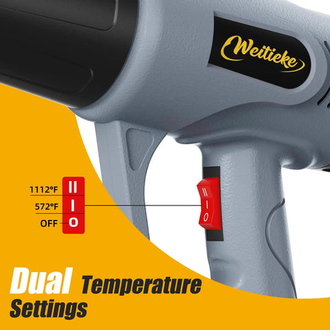 Close-up of Powerful Dual Temperature Heat Gun with 572°F and 1112°F settings and control switch on side handle.