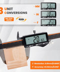 Rechargeable 12 Inch Digital Caliper with Large LCD Screen showing 3 unit conversions, stainless steel tool with accuracy details.